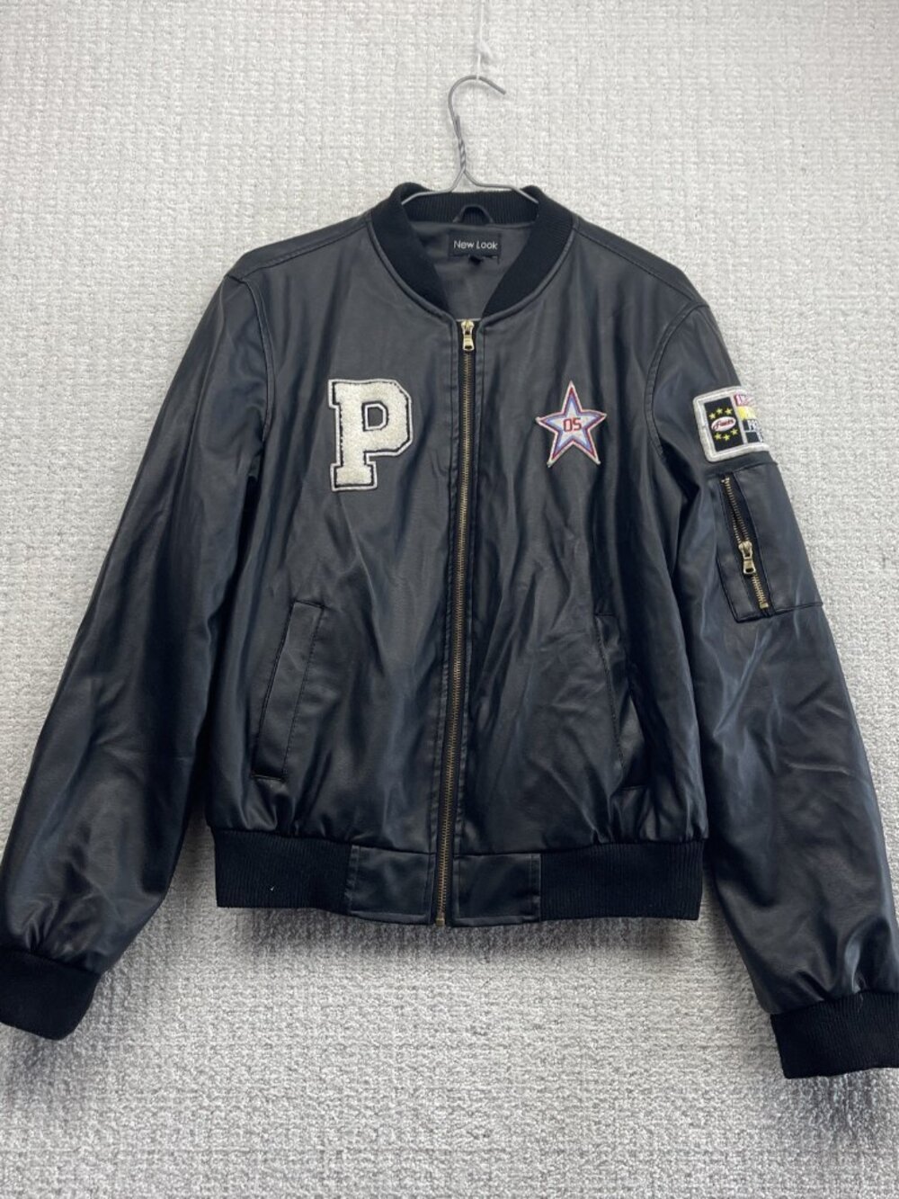 Y2K New Look Bomber Varsity Faux Leather Biker MA-1 Style Jacket Wom Sz L Alt